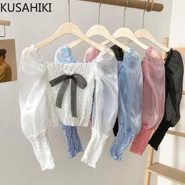 Short Women Doll Shirt Bow Tie Square Collar Puff Sleeve Blouse Top Spring Stretch Slim Crop Blusas 6F171 210603