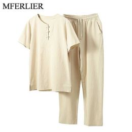 MFERLIER Summer men shirt 5XL 6XL 7XL 8XL 9XL 10XL Bust 157cm plus size linen large size shirt with pants men 5 Colours P0812