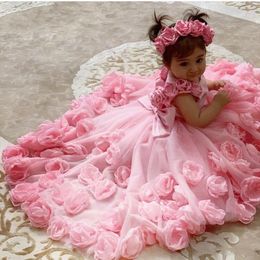 2021 Cute Pink Flower Girls Dresses For Weddings Jewel Neck Sleeveless Hand Made Flowers Floor Length Back With Bow Princess Birthday Children Girl Pageant Gowns