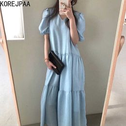 Korejpaa Women Dress Korea Chic French Retro Elegant Square Collar Halo Dye Loose Versatile Bubble Sleeve Long Vestido 210526