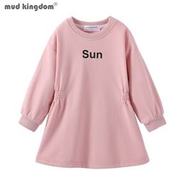 Mudkingdom Smock Girl Sweatshirt Dress Plain Long Sleeve for Girls Dresses Ribbed Solid Pullover Children Clothes Spring Autumn 211231