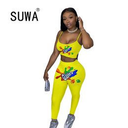 Summer Two Piece Set Sexy Women Printed Crop Tops And Trousers Joggers Suit Lady Casual 2 Pcs Tracksuits For Female Outfits 210525