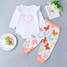 Autumn Winter Children Sets Casual Boys Long Sleeve O Neck Print White T-shirt Butterfly Pants Clothes 3M-24M 210629