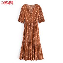 Tangada Fashion Women Yellow Dots Print Loose Summer Dress Short Sleeve High Street Ladies Midi Dress QN69 210609