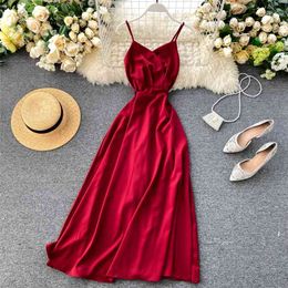 Retro Solid Colour Elegant Dress Women Fashion V-neck Backless Sleeveless High Waist Slimming Holiday Vestidos L499 210527