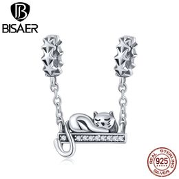 BISAER 925 Sterling Silver Sleeping Cat Charms Luminous Star Beads fit for Charm Bracelets Authentic Silver 925 Jewelry Making Q0531