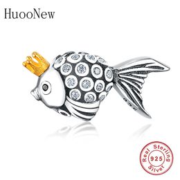 HuooNew Fit Original Pandora Charms Bracelet 925 Sterling Silver Fish With Gold Colour Crown Zirconia Beads Jewellery Berloque Gift Q0531