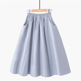 Spring Summer Solid Cotton Skirt Women Elastic High Waist Midi Skirts Femme With Pocket Simple Black Skirt Women Korean Skirt 210310