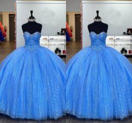 2022 Blue Quinceanera Dresses Sweetheart Neckline Crystals Tulle Beaded Custom Made Plus Size Sweet 16 Birthday Princess Party Ball Gown Vestidos 401 401