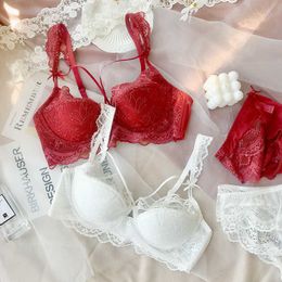 Briefs Panties Thin sexy lace underwear red natal year bra comfortable big breasts large size comfortable bra set underwire deep v lingerie L2304