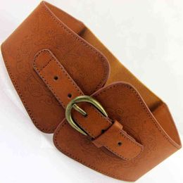 New Retro Totem Belt Women Imitation Leather Pin Buckle Wide Female Designer Fashion Brand Waist Belt Lady's Waist Docoration G220301