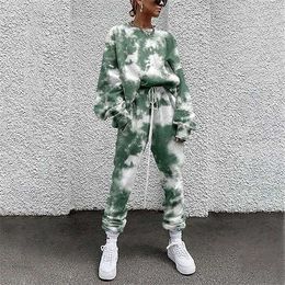 Tie Dye Lounge Women Tracksuit Two Piece Set Long Sleeve Drawstring High Waist Joggers Suit Autumn Lady Causal Sets 211116