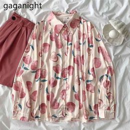 Harajuku Women Long Sleeve Blouse Peach Print Cute Oversized Shirt Spring Korean Sweet Girls Loose Blusas Chic 210601