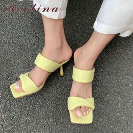 Slippers Women Genuine Leather Sandals Square Toe Thin Heel Slides High Heel Sheep Skin Ladies Footwear Summer Black 40 Y220225