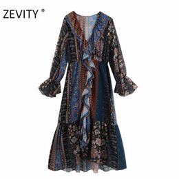 ZEVITY women vintage cloth patchwork print ruffles vestido dress female totem floral print pleat ruffles midi dresses DS4379 210603