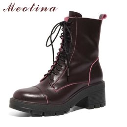 Meotina Ankle Boots Women Shoes Genuine Leather High Heel Motorcycle Boots Lace Up Zip Thick Heels Short Boots Lady Autumn Brown 210608