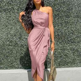 Sexy One Shoulder Satin Midi Dresse Elegant Ruched Lace Up Bodycon Party Summer Sleeveless Slit Red Pink 210623