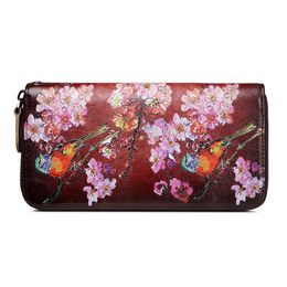 Women Leather Purse Colourful Flower Large Genuine Leather Wallet Clutch Female Handy Wristlet Phone Pouch Bag Lady