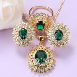 Dubai Green Zircon Jewelry Sets Gold Color Luxury Wedding Accessories Sunflower Clip Earrings And Necklace Sets For Women Gift H1022