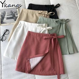 Lace-Up Elastic High Waist A-Line Skirt Korean Women Sweet Mini Short Skirts Ladies Summer Solid Black Streetwear Saia 210619