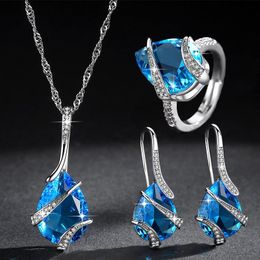 Earrings & Necklace Water Drop Shape Setting Cubic Zirconia Ring Sets For Women Sea Blue Colour Fashion Party Jewellery Accessories