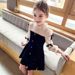 Vestido de fiesta azul marino para niñas de otoño de verano Bowknot de manga larga ropa para vestidos de niños clásicos para niñas 4 5 7 11 13 años W220314