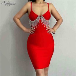 Summer Women's Sexy Spaghetti Strap V-neck Diamond Tassel Bandage Dress Red Bodycon Celebrity Banquet Vestidos 210525