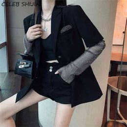 Streetwear Black Blazer Women Jacket Diamond Bling Sleeve Notched Collar Chic Coats Female Clothes Spring Autumn Women's 210603