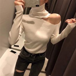 Knitted Sweater Off Shoulder Pullovers Sweater for Women Long Sleeve Turtleneck Female Jumper Black White Sexy Clothing 211221