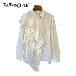 TWOTWINSTYLE Patchwork Ruffle White Women Shirt Lapel Long Sleeve Irregular Hem Solid Blouse Female Fall Fashion New Tide 210225