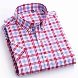 England Style Soft 100% Cotton Short Sleeve Shirts Single Patch Pocket Summer Casual Standard-fit Button-down Plaid Stripe Shirt 210626