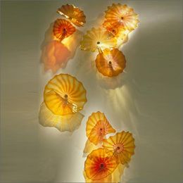 Murano Glass Plate Mounted Wall Lamp Antique Style Hand Blown-Glass Flower Art Lights Diameter 15 to 40 Inches Amber Colour