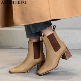 ALLBITEFO square toe natural genuine leather women boots winter shoes fashion ankle boots motocycle boots high heel shoes 210611