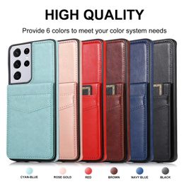 Shockproof Phone Cases for Samsung Galaxy S22 S21 S20 Note20 Ultra Note10 Plus Pure Colour PU Leather Kickstand Cover Case with the Opening Card Holder Up and Down