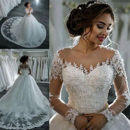 Vestidos De Noiva 2022 Elegant A-Line suknia slubna Wedding Dress Long Sleeve Dresses Tulle Appliques Beaded Princess Lace Bridal Wedding Gowns trouwjurk Crew Neck