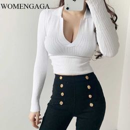 WOMENGAGA autumn French Small Lapel Solid Color Simple Slim Long Sleeve Knitted Bottoming Tops Sweater Sexy Womens JB2K 210603