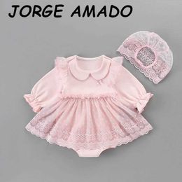 Autumn Baby Girl Bodysuit Lace pink Long Sleeve Romper born Clothes 0-2Y E6307 210610