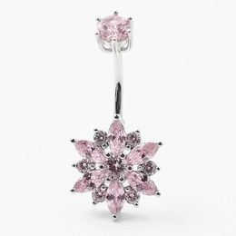 925 sterling silver belly Button Bar Ring pink flower cubic zircon navel piercing Jewellery