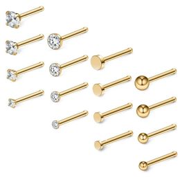 Other 20G 18G Steel 1.5mm-3mm Flat Ball Clear CZ Nose Stud Rings Bone Pin Piercing Jewelry 16-34PCS