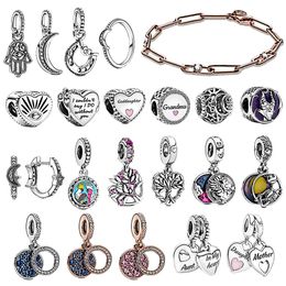 New 2020 Winter 925 Silver Pink Heart Family Tree Dangle Charm Mysticism Crescent Moon Hoop Earrings Moon Ring Stones Bracelet Q0531