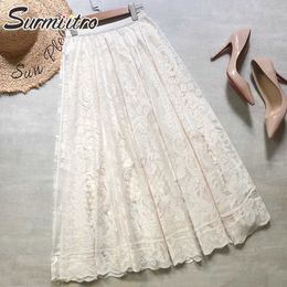 SURMIITRO Spring Summer Women Korean Style White Black Lace Hollow Out High Waist Midi Long Tulle Skirt Female 210712