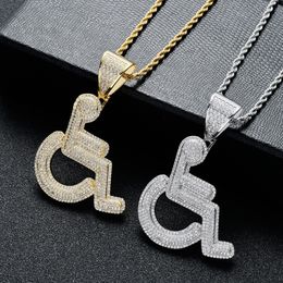 Iced Out Wheelchair Handicap Sign Pendant Necklace Gold Colour Charm Bling Cubic Zircon Men Hip hop Rock Jewellery