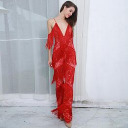 Women's Jumpsuits & Rompers Fashion Celebrity Sexy Strap Night CLub Tassel Red Bodycon Elegant Backless Women Vintage Party