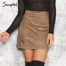 Simplee Autumn Vintage Leather Skirts Winter Suede Pencil Skirt Cross High Waist Zipper Skirt Split Bodycon Mini Women Skirts 210310