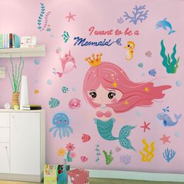 Underwater World Mermaid Wall Stickers DIY Girl Wall Decals for Kids Room Baby Bedroom Nursery Home Decoration 210308
