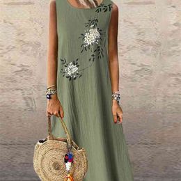 Sundres Summer Dress Printing Sexy Midi Plus Size Casual Linen Loose Sleeveless printed Long Maxi 210623