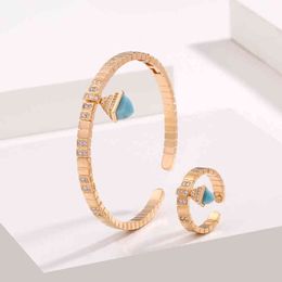 2021 Classic Women Fashion 2 Pcs Bracelet & Simple Candy Colour Stone Design Gold Open Cuff Bangle Ring Jewellery Set