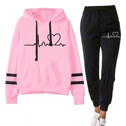Women Tracksuits Autumn Spring Clothing Female Suits 2 Pieces Set Hooded Sweatshirts and Black Pants Casual Outfits Love Print 210930