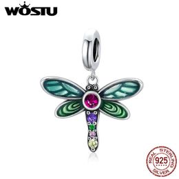 WOSTU 100% 925 Sterling Silver Bead Shiny Dragonfly Charm Pendant Fit Original Bracelet Necklace DIY Jewellery CQC1706 Q0531