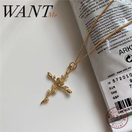 ethnic religion UK - WANTME Ethnic Real 925 Sterling Silver Smiple Cross Rose Flower Pendant Cuban Chain Necklace for Women Religion Faith Jewelry Q0531